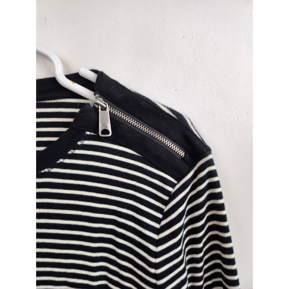 Lauren Ralph Lauren Womens Top Large Black White Striped Elbow Patch Long Sleeve - Picture 3 of 7